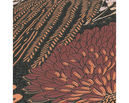 Gros plan d''un papier peint à motifs floraux avec des fleurs stylisées et des éléments géométriques