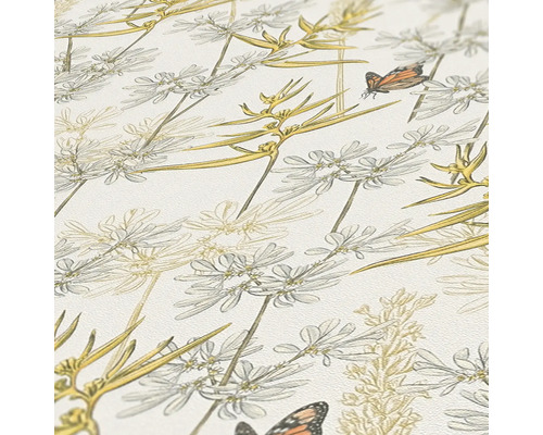 Gros plan d''un papier peint avec des plantes et des papillons