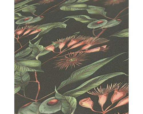 Tapete mit botanischem Muster mit Blättern und Blüten