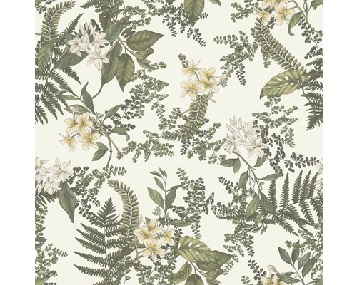 Papier peint avec motifs de fougères, de feuilles et de fleurs