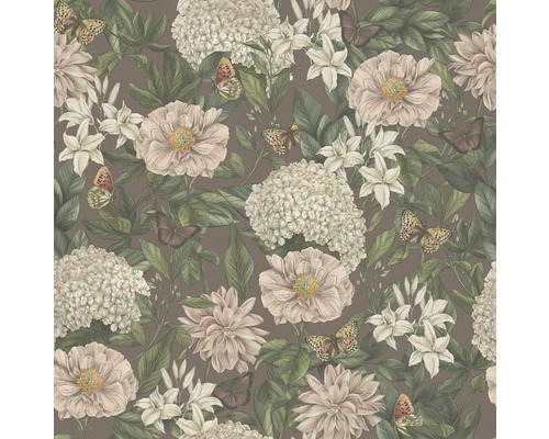 Papier peint à motif floral avec hortensias, lys, pivoines et papillons