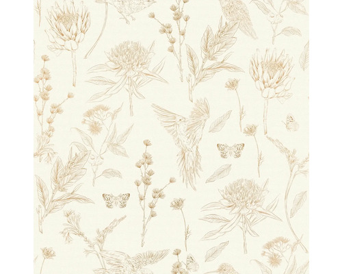 Grafisches Muster mit Vögeln und Blumen als Tapete