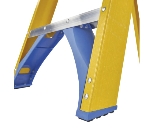Gros plan d''une échelle jaune avec des supports bleus et des ferrures argentées