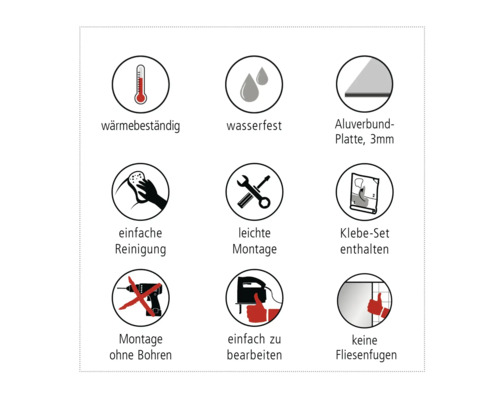 Symboles pour résistant à la chaleur, imperméable, plaque composite d''aluminium de trois millimètres, nettoyage facile, installation facile, kit de collage inclus, installation sans perçage, traitement facile, pas de joints de carrelage