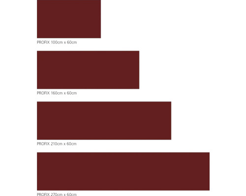 Aperçu de différents tapis Profix dans les tailles 100 cm x 60 cm, 160 cm x 60 cm, 210 cm x 60 cm et 270 cm x 60 cm