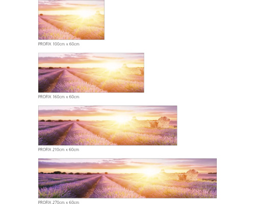 Différentes tailles d''une peinture murale représentant un champ de lavande au lever du soleil