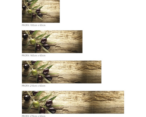 Plusieurs panneaux de protection anti-éclaboussures PROFIX de différentes tailles avec motif olive sur bois