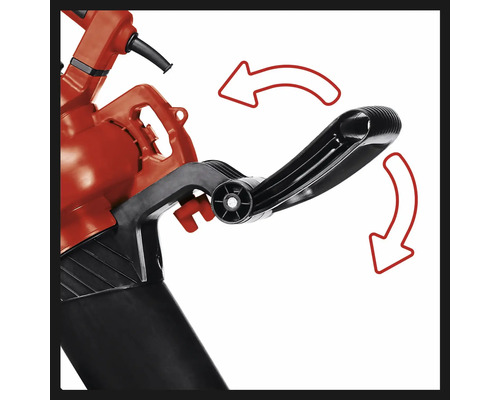 Vue détaillée d''un souffleur de feuilles avec poignée réglable et flèches indiquant le mouvement de rotation.