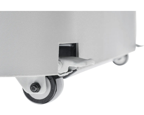 Detailaufnahme von einem Rollcontainer mit Feststellbremse