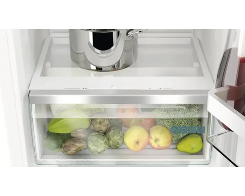 Gemüsefach im Kühlschrank mit Gemüse und Obst