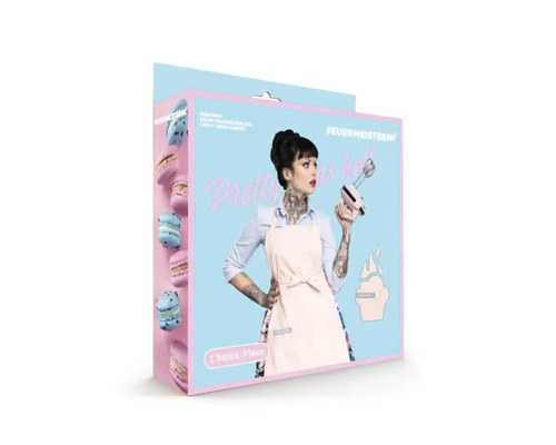 Tablier FeuerMeisterin dans un emballage avec des macarons et une femme tatouée tenant un mixeur