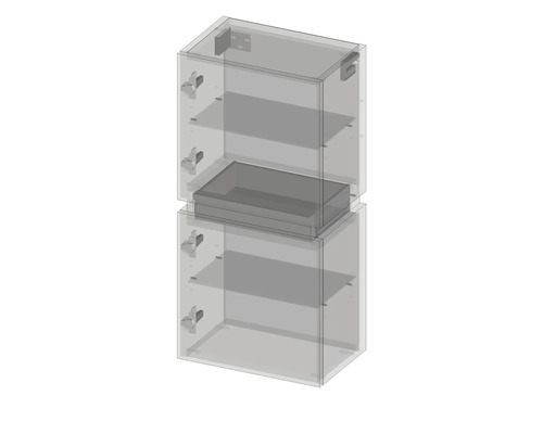 Deux armoires suspendues transparentes superposées avec des étagères.