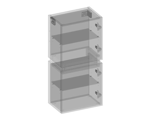 Deux armoires transparentes avec étagères empilées l''une sur l''autre.