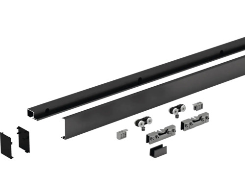 Kit de ferrures pour porte coulissante avec rail de roulement, butée, chariot et accessoires