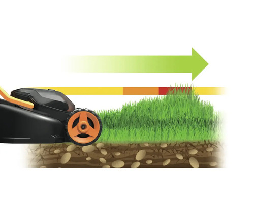 Illustration d''une tondeuse à gazon coupant de l''herbe, avec une indication colorée de la hauteur de coupe