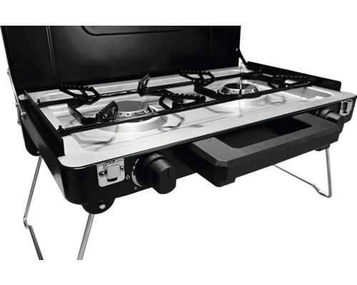 Tragbarer Gaskocher mit zwei Kochstellen und Standbeinen