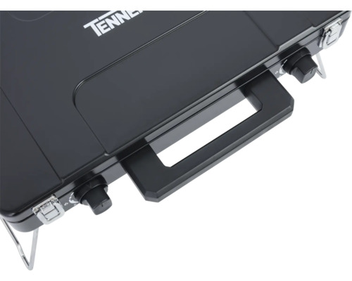 Detailansicht des tragbaren Gaskochers von Tenneker mit Tragegriff und Drehreglern.