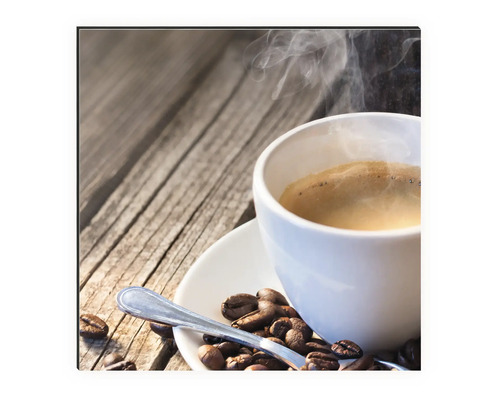 Image décorative avec tasse de café, grains de café et cuillère sur table en bois