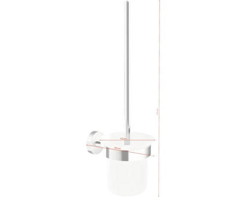 Wandmontierte WC-Garnitur mit Bürste und Halterung inklusive Massangaben.
