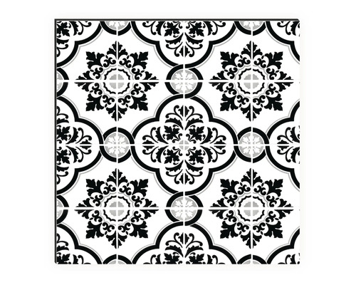 Motif de carreaux de sol avec ornements floraux en noir et blanc