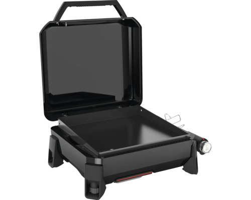 Tragbarer Gasgrill mit offener Haube und Grillplatte