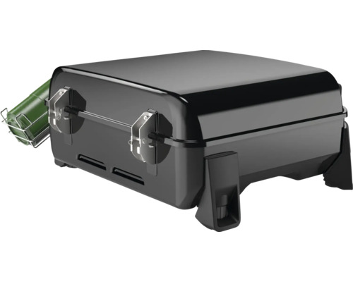 Tragbarer Grill mit Getränkehalterung.