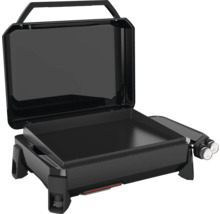 Tragbarer Gasgrill mit flacher Grillplatte und Deckel.