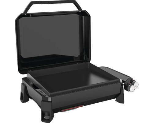 Tragbarer Gasgrill mit flacher Grillplatte und Deckel.
