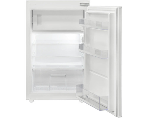 Réfrigérateur blanc ouvert avec compartiments de rangement