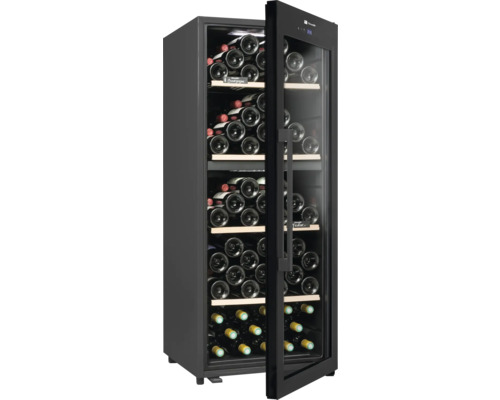 Cave à vin avec façade en verre et étagères à vin remplies