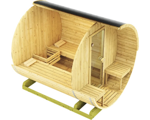 Sauna en forme de tonneau avec bancs en bois et porte en verre