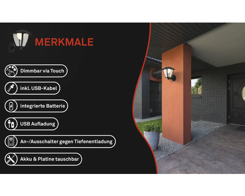 Aussenleuchte mit Dimmfunktion, USB-Kabel, integrierter Batterie, USB Aufladung, Tiefentladungsschutz und austauschbarer Batterie und Platine