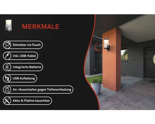 Aussenleuchte mit Dimmfunktion per Touch, USB Kabel, integrierter Batterie, USB Aufladung, An- und Ausschalter gegen Tiefenentladung sowie austauschbarer Akku und Platine