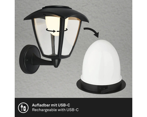 Schwarze Aussenwandleuchte mit USB-C-Ladefunktion und austauschbarer Leuchte
