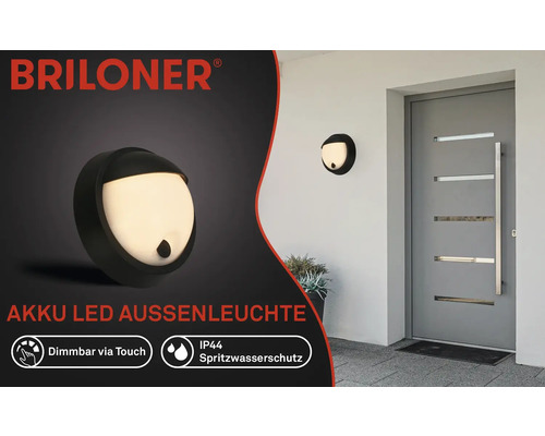 Briloner Logo. Wandmontierte LED-Aussenleuchte mit Akku und IP44 Spritzwasserschutz.