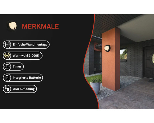 Aussenleuchte mit einfacher Wandmontage, warmweissem Licht, Timer, integrierter Batterie und USB-Aufladung an Fassade