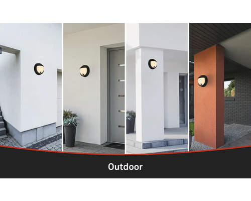 Verschiedene Aussenbereiche mit installierten Wandleuchten zur Illustration von Aussenbeleuchtung