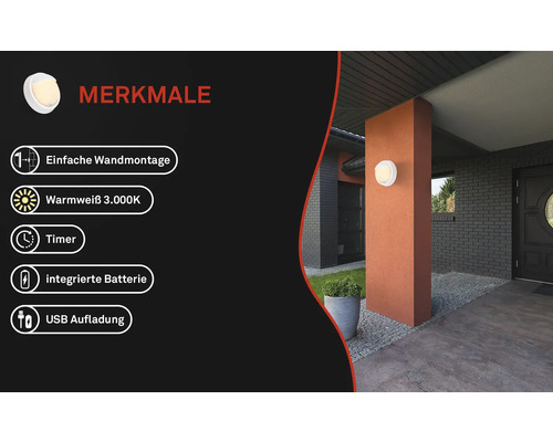 Aussenleuchte mit einfacher Wandmontage, warmweissem Licht, Timer, integrierter Batterie und USB Aufladung.