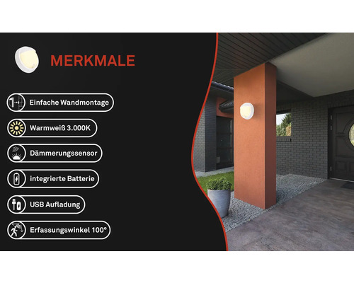 Wandleuchte mit einfacher Wandmontage, warmweißem Licht, Dämmerungssensor, integrierter Batterie und USB Aufladung, Erfassungswinkel 100 Grad