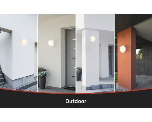 Anwendungsbeispiele von runden Aussenleuchten an verschiedenen Fassaden.