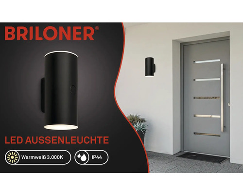 Briloner Logo. Wandmontierte LED Aussenleuchte mit warmweissem Licht und IP44 Schutzart.