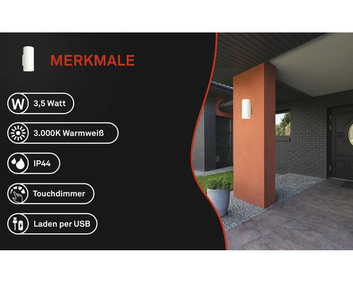 Merkmale einer Aussenleuchte mit 3,5 Watt, 3000 Kelvin warmweissem Licht, IP44 Schutzart, Touchdimmer und USB Ladefunktion.