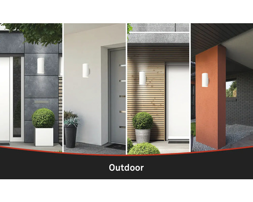 Mehrere Aussenwandleuchten an verschiedenen Hausfassaden.