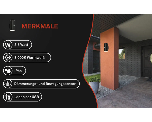Vue extérieure avec les caractéristiques de l''applique murale : puissance de 3,5 watts, lumière blanche chaude de 3 000 kelvins, indice de protection IP44, détecteur crépusculaire et de mouvement, chargement par USB.