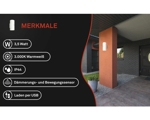 Eigenschaften: 3,5 Watt, 3000 Kelvin warmweiß, Schutzart IP44, Dämmerungs- und Bewegungssensor, Aufladen per USB