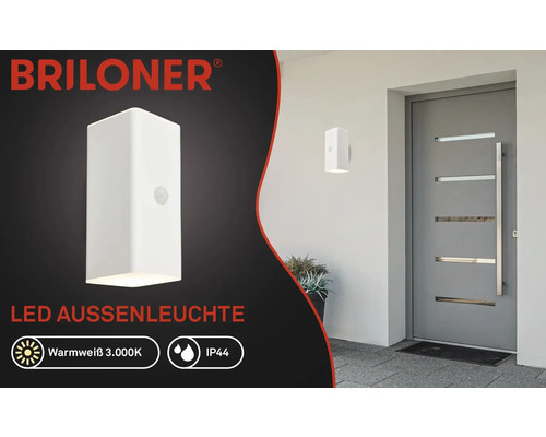 Briloner Logo. LED Aussenleuchte mit Bewegungsmelder an Hauswand.