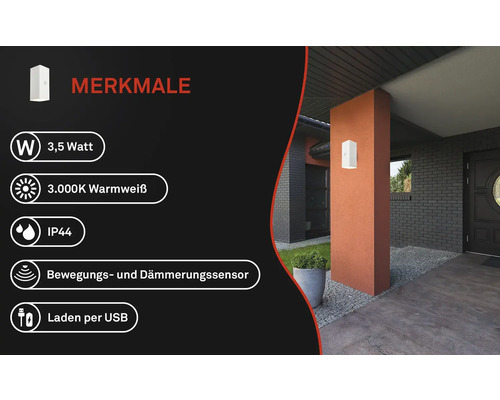 Aussenwandleuchte mit 3,5 Watt, 3000 Kelvin warmweissem Licht, Schutzart IP44, Bewegungs- und Dämmerungssensor und USB-Ladefunktion