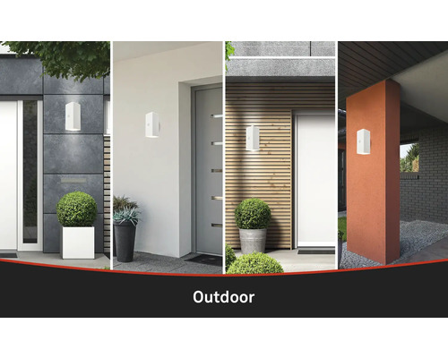 Mehrere Ansichten von Aussenwandleuchten an verschiedenen Hausfassaden.