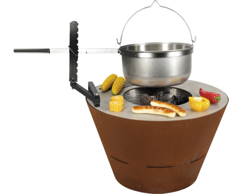 Brasero avec gril pivotant et aliments grillés