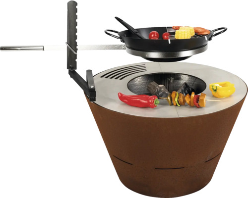 Brasero avec barbecue et accessoires pour préparer des repas en extérieur.